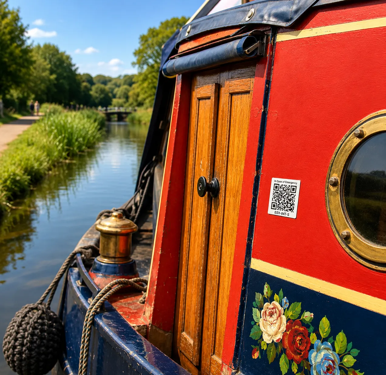 ICE Jar QR code sticker on a narrowboat